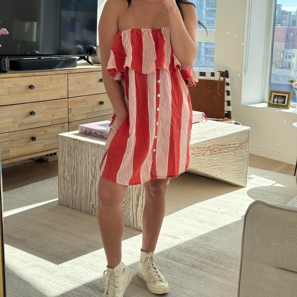 Faithfull the Brand Amalfi Rust-Red Striped Off-Shoulder Mini Dress • Size S - Picture 4 of 14